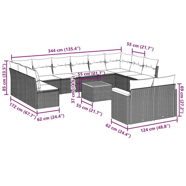vidaXL 13-tlg. Garten-Sofagarnitur mit Kissen Schwarz Poly Rattan