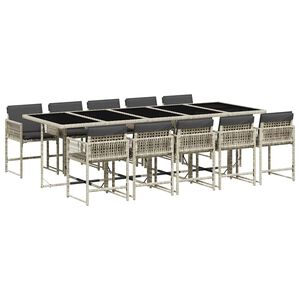 vidaXL 11-tlg. Garten-Essgruppe mit Kissen Hellgrau Poly Rattan