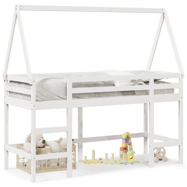 vidaXL Hochbett mit Leiter und Dach Wei&szlig; 90x190 cm Massivholz Kiefer