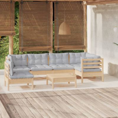 vidaXL 7-tlg. Garten-Lounge-Set mit Grauen Kissen Kiefernholz