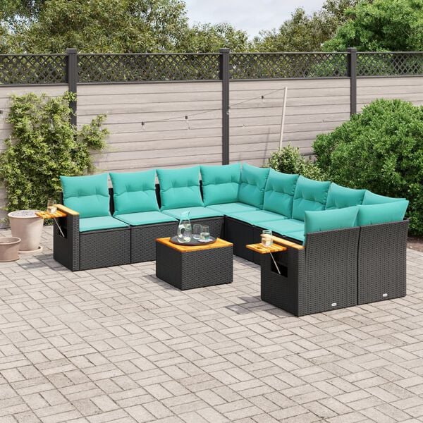 vidaXL 9-tlg. Garten-Sofagarnitur mit Kissen Schwarz Poly Rattan