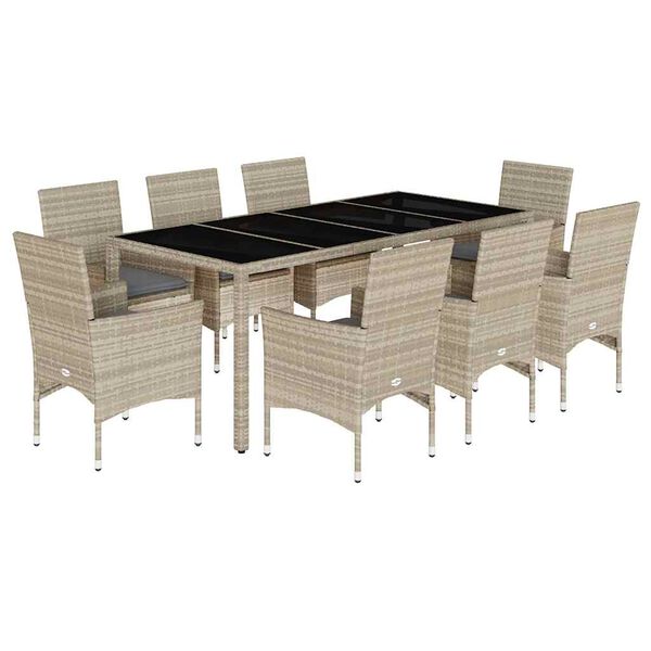 vidaXL 9-tlg. Garten-Essgruppe mit Kissen Hellgrau Poly Rattan & Glas