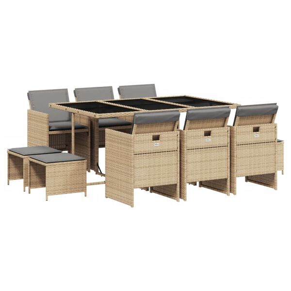 vidaXL 11-tlg. Garten-Essgruppe mit Kissen Beigemischung Poly Rattan