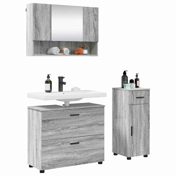 vidaXL Badezimmerm&ouml;bel-Set 3 pcs Graues Sonoma Sperrholz und Metall
