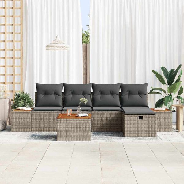 vidaXL Garten-Sofa-Set mit Kissen mit Speicher 6 pcs Grau Poly-Rattan