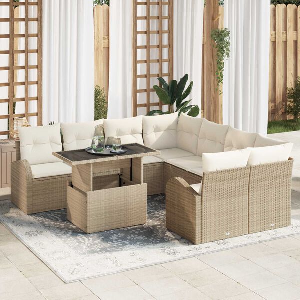 vidaXL Garten-Sofa-Set mit Kissen mit Speicher 9 pcs Beige Poly Rattan