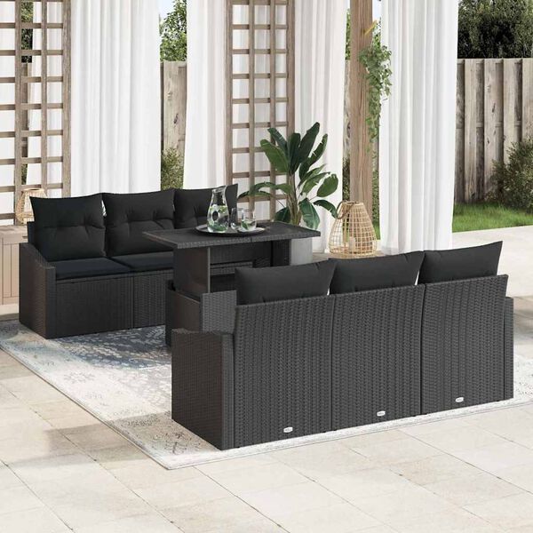 vidaXL Garten-Sofa-Set mit Kissen 7 pcs Schwarz Poly-Rattan