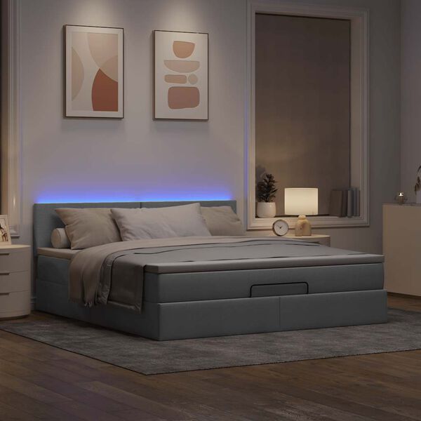 vidaXL Ottoman-Bett mit Matratze & LEDs Hellgrau 160x200 cm Stoff