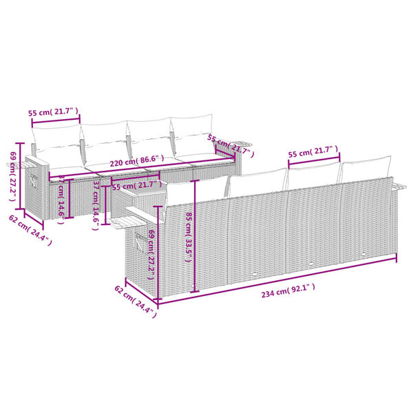 vidaXL 9-tlg. Garten-Sofagarnitur mit Kissen Beige Poly Rattan