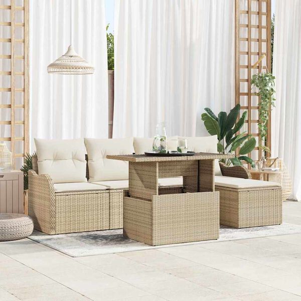 vidaXL Sitzgruppe f&uuml;r den Outdoor mit Kissen 6 pcs Beige Poly Rattan