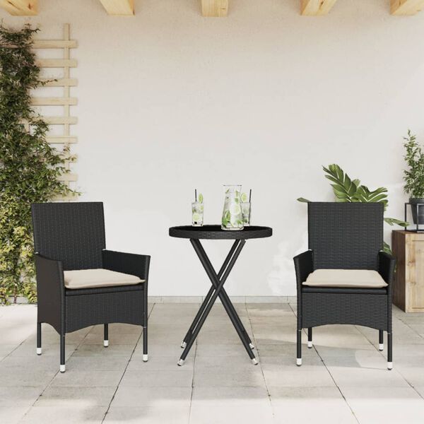 vidaXL 3-tlg. Bistro-Set mit Kissen Schwarz Poly Rattan und Glas