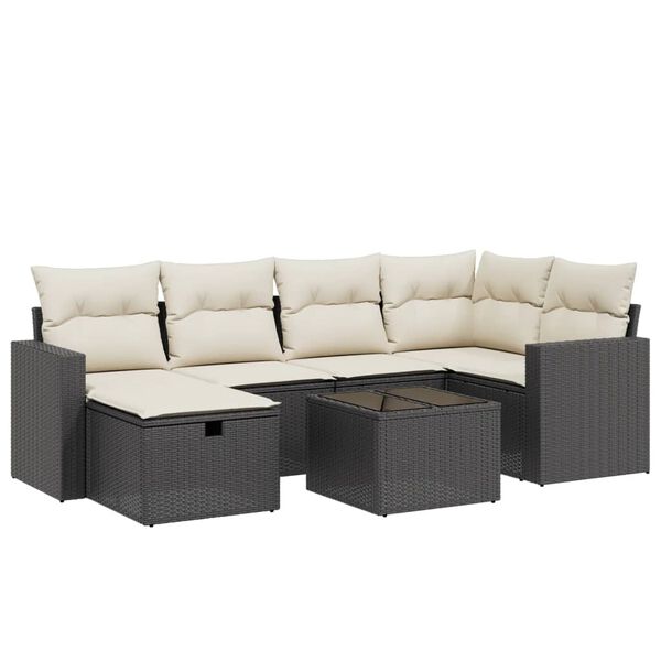 vidaXL 7-tlg. Garten-Sofagarnitur mit Kissen Schwarz Poly Rattan