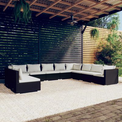 vidaXL 10-tlg. Garten-Lounge-Set mit Kissen Schwarz Poly Rattan