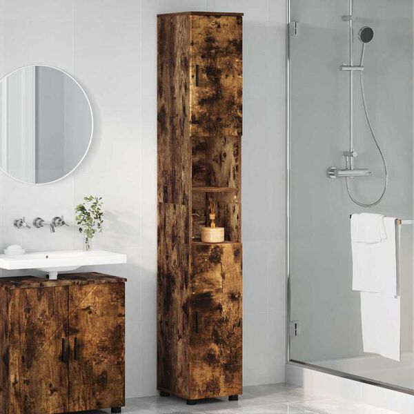 vidaXL Badezimmerschrank mit T&uuml;r Ger&auml;ucherte Eiche 30 x 35 x 192 cm