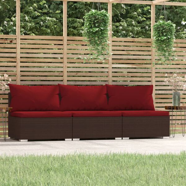 vidaXL 3-Sitzer-Sofa mit Kissen Braun Poly Rattan