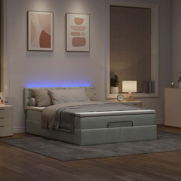 vidaXL Ottoman-Bett mit Matratze & LEDs Hellgrau 140x190 cm Samt