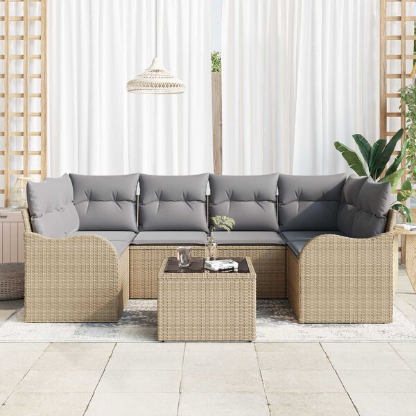 vidaXL Garten-Sofa-Set mit Kissen mit Speicher 7 pcs Beige und Grau
