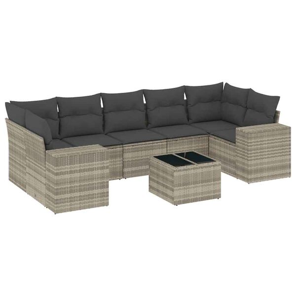 vidaXL 8-tlg. Garten-Sofagarnitur mit Kissen Hellgrau Poly Rattan