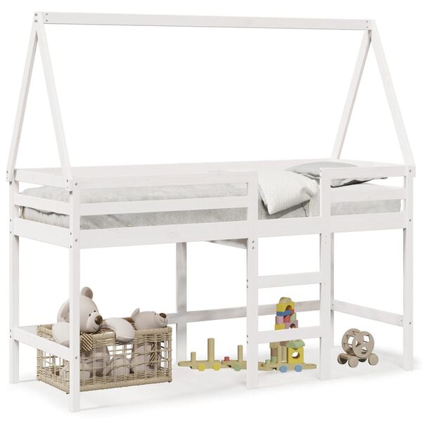 vidaXL Hochbett mit Leiter und Dach Wei&szlig; 90x190 cm Massivholz Kiefer