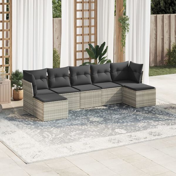 vidaXL 7-tlg. Garten-Sofagarnitur mit Kissen Hellgrau Poly Rattan