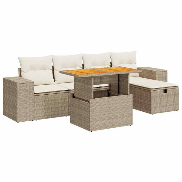 vidaXL 6-tlg. Garten-Sofagarnitur mit Kissen Beige Poly Rattan Akazie