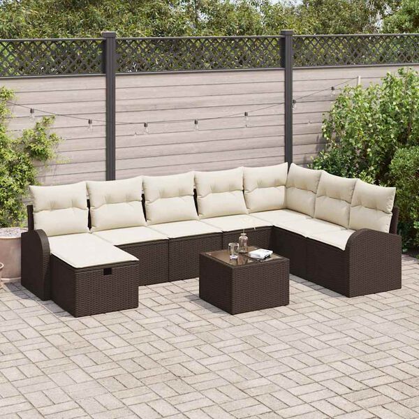 vidaXL Garten-Sofa-Set mit Kissen mit Speicher 9 pcs Braun Poly Rattan