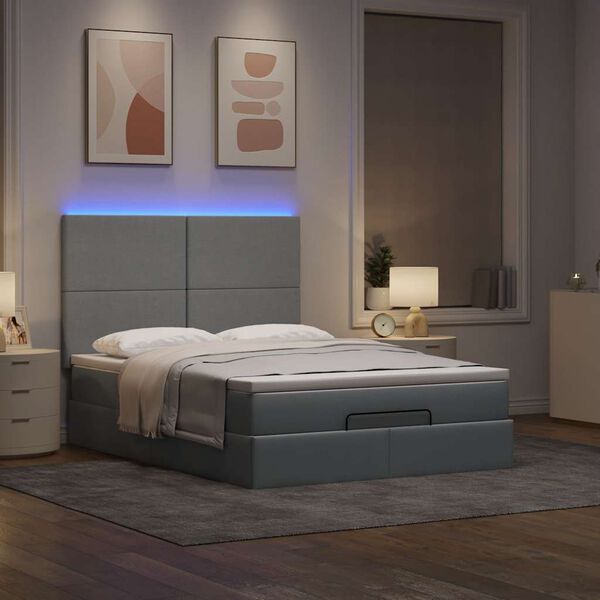 vidaXL Ottoman-Bett mit Matratze & LEDs Hellgrau 140x200 cm Stoff