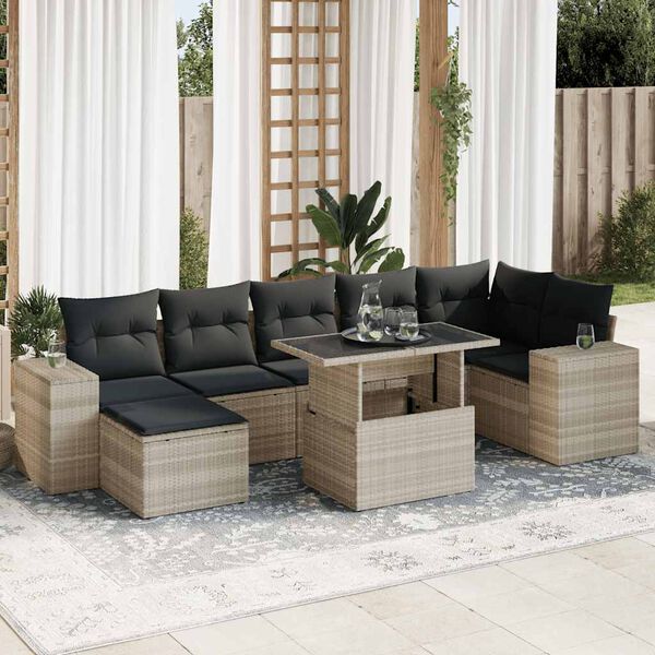 vidaXL 8-tlg. Garten-Sofagarnitur mit Kissen Hellgrau Poly Rattan