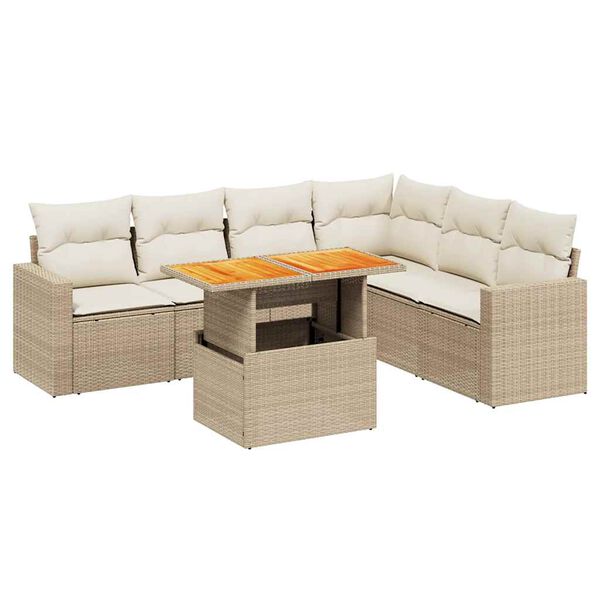 vidaXL 7-tlg. Garten-Sofagarnitur mit Kissen Beige Poly Rattan