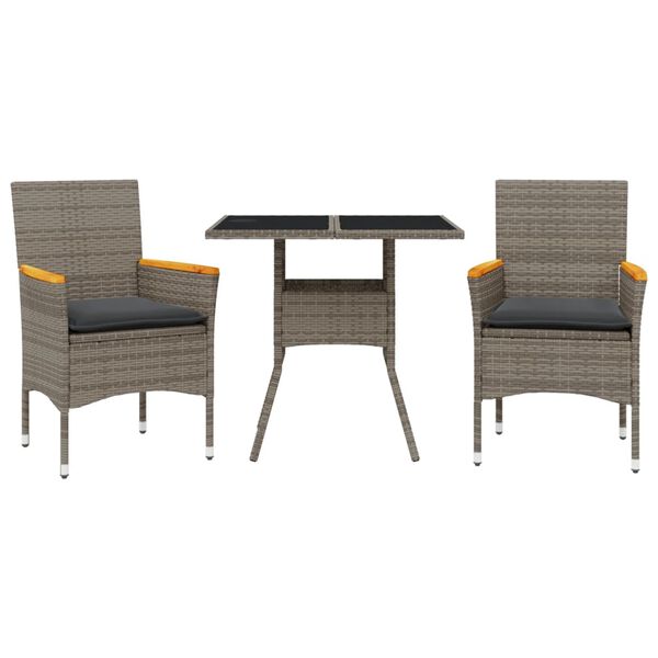 vidaXL 3-tlg. Garten-Essgruppe mit Kissen Grau Poly Rattan und Glas