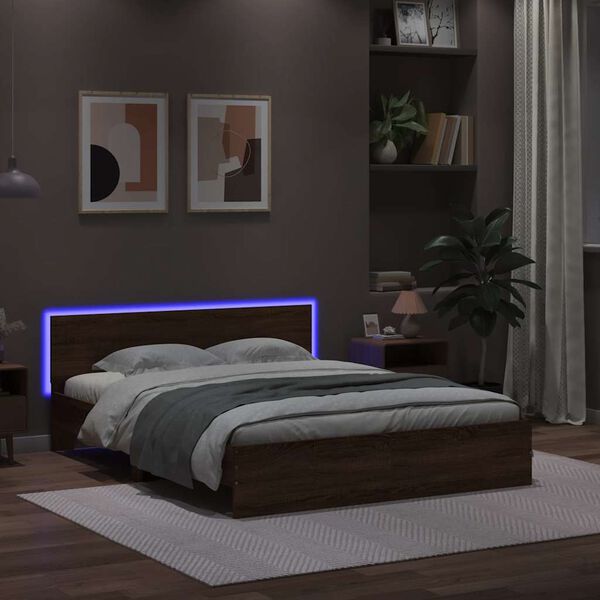vidaXL Bettgestell mit Kopfteil LED-Beleuchtung Braun Eichen-Optik