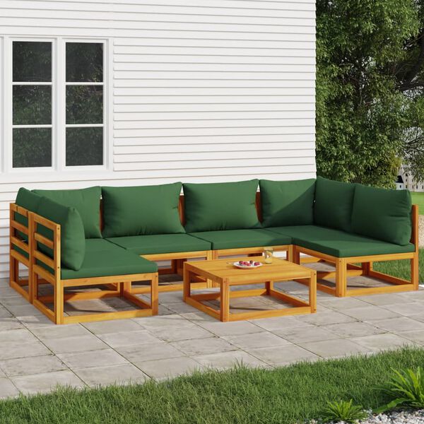 vidaXL 7-tlg. Garten-Lounge-Set mit Grünen Kissen Massivholz