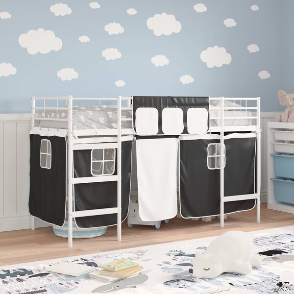 vidaXL Kinder Loft Bettgestell mit Vorh&auml;ngen Wei&szlig; und Schwarz