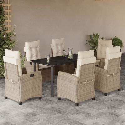 vidaXL 7-tlg. Garten-Essgruppe mit Kissen Beige Poly Rattan