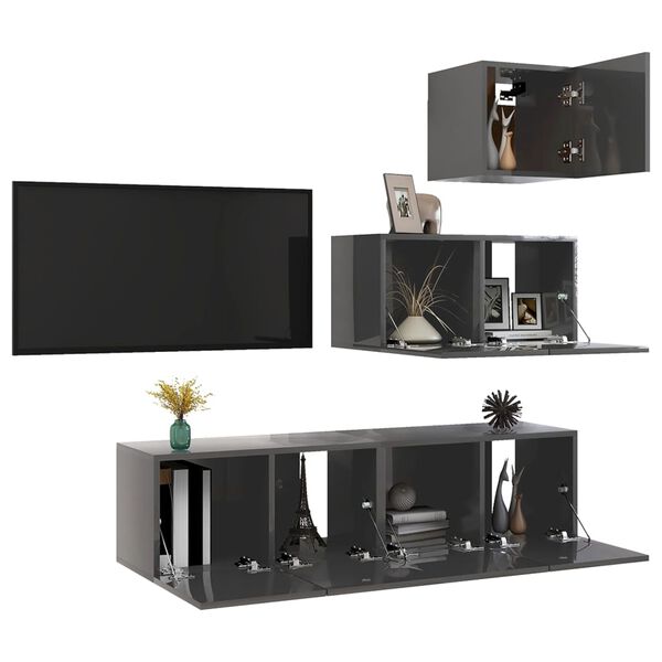 vidaXL 4-tlg. TV-Schrank-Set Hochglanz-Grau Holzwerkstoff