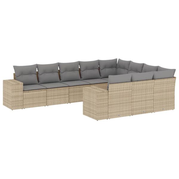 vidaXL 10-tlg. Garten-Sofagarnitur mit Kissen Beige Poly Rattan