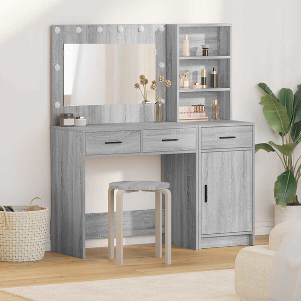 vidaXL Schminktisch mit Spiegelbeleuchtung 2 pcs Grau Holzwerkstoff