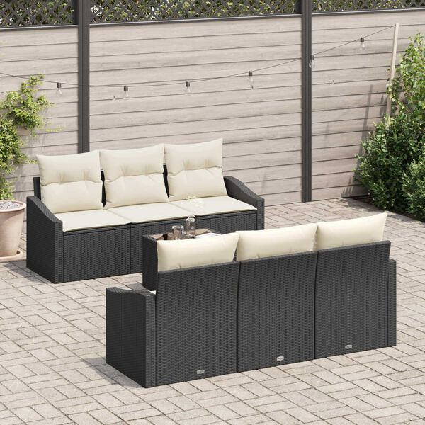 vidaXL Sofa Set mit Kissen 7 pcs Schwarz und Creme Poly Rattan