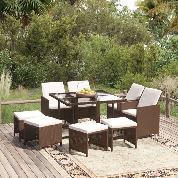 vidaXL 9-tlg. Garten-Essgruppe mit Kissen Poly Rattan Braun