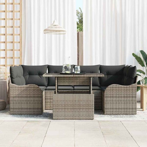 vidaXL Gartensofa-set mit Kissen mit Speicher 7 pcs Grau Poly Rattan