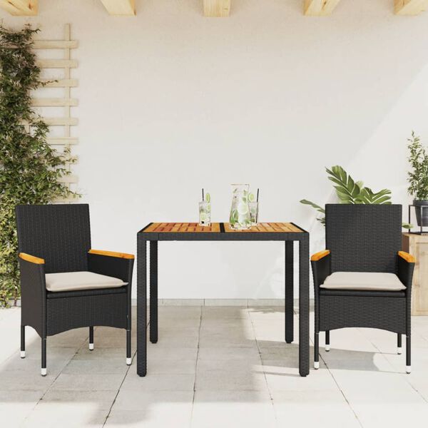 vidaXL 3-tlg. Garten-Essgruppe mit Kissen Schwarz Poly Rattan Akazie