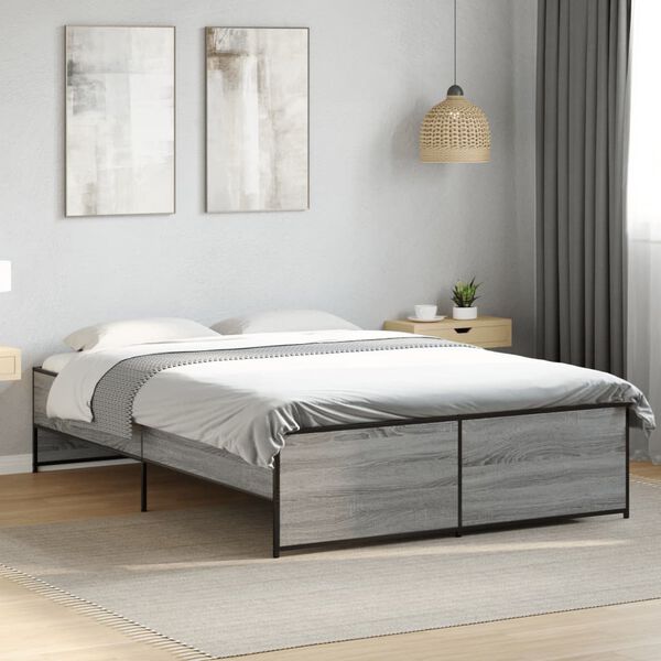 vidaXL Bettgestell Grau Sonoma 135x190 cm Holzwerkstoff und Metall