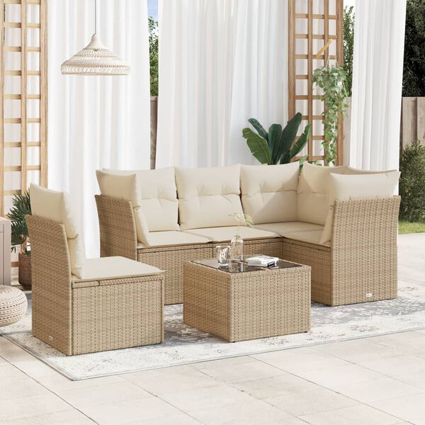 vidaXL 6-tlg. Garten-Sofagarnitur mit Kissen Beige Poly Rattan