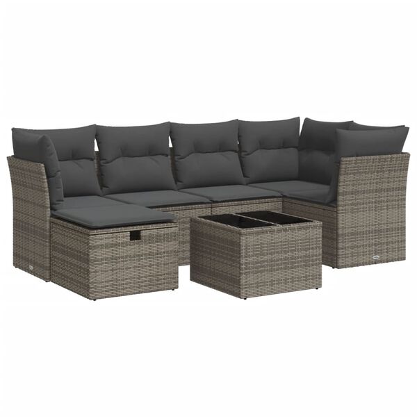 vidaXL 7-tlg. Garten-Sofagarnitur mit Kissen Grau Poly Rattan