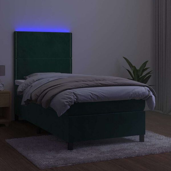 vidaXL Boxspringbett mit Matratze & LED Dunkelgr&uuml;n 90x190 cm Samt