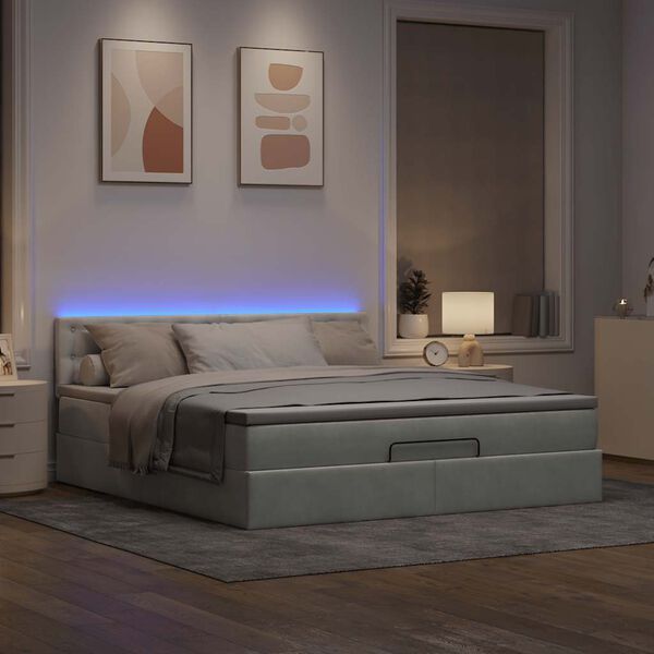 vidaXL Ottoman-Bett mit Matratze & LEDs Hellgrau 160x200 cm Samt