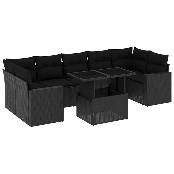 vidaXL 8-tlg. Garten-Sofagarnitur mit Kissen Schwarz Poly Rattan