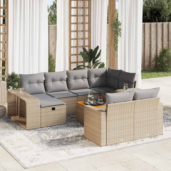 vidaXL 11-tlg. Garten-Sofagarnitur mit Kissen Beige Poly Rattan