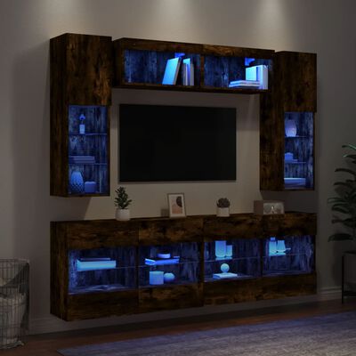 vidaXL 6-tlg. TV-Wohnwand mit LED-Leuchten Räuchereiche