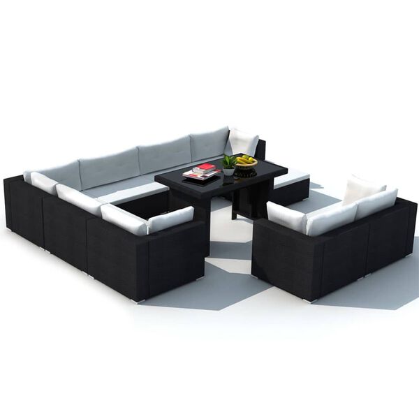 vidaXL 10-tlg. Garten-Lounge-Set mit Auflagen Poly Rattan Schwarz